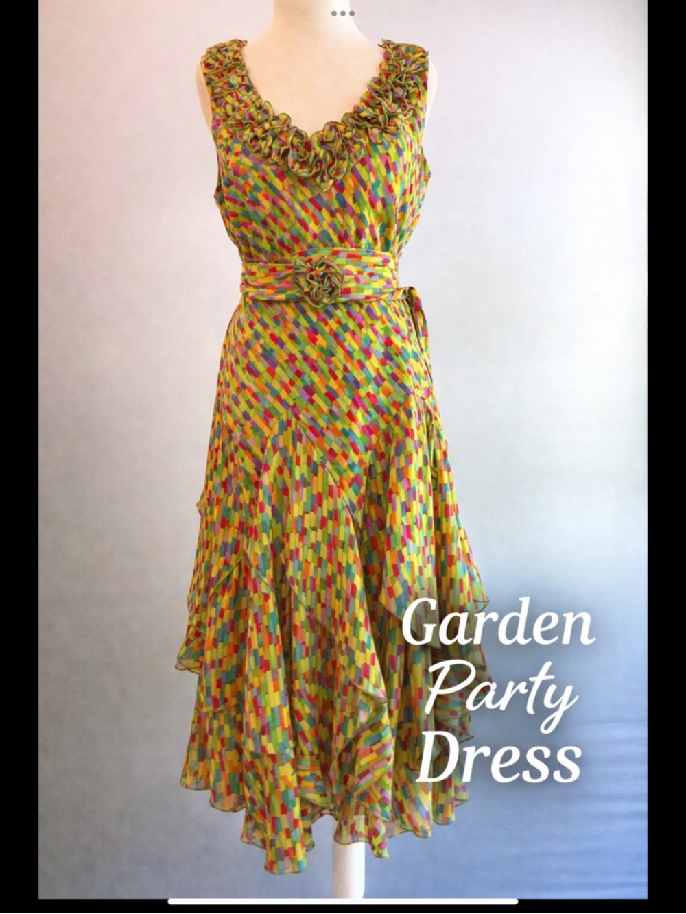 Signature by Robbie Bee Garden Party Ruffle Midi Dress Floral Rosette Sash Sz 10